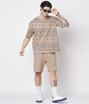 KalvettuThemed Oversized Tamil Tshirt  Coord Set-Beige Blue