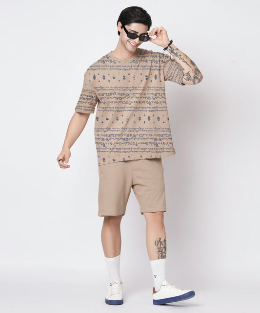 KalvettuThemed Oversized Tamil Tshirt Coord Set-Beige Blue