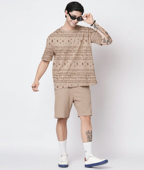 Kalvettu Themed Oversized Tamil Tshirt Coord Set -Beige Brown