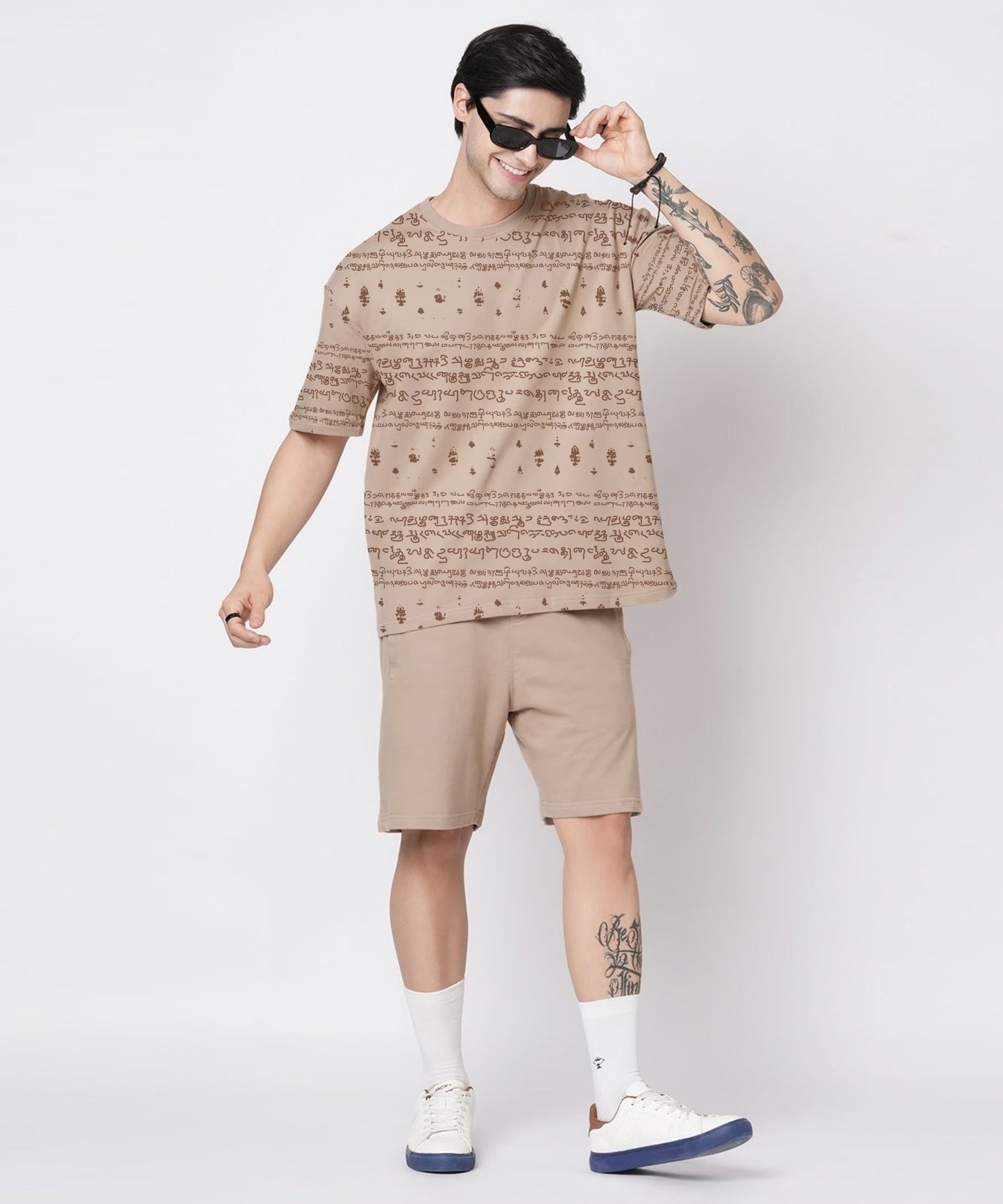 Kalvettu Themed Oversized Tamil Tshirt Coord Set -Beige Brown