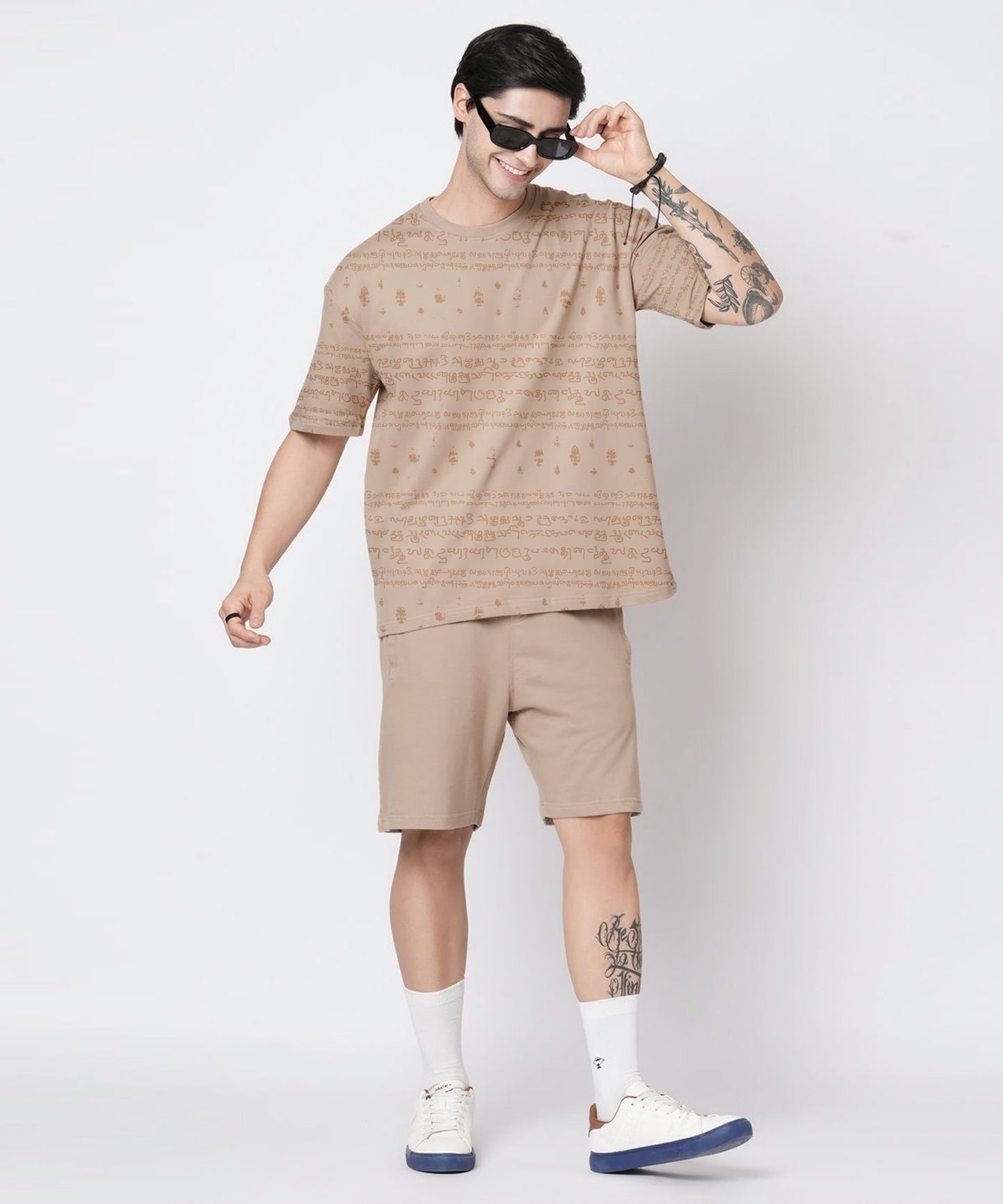 Kalvettu Themed Oversized Tamil Tshirt Coord Set -Beige