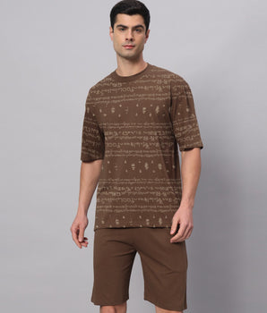 Kalvettu Themed Oversized Tamil Tshirt Coord Set - Brown