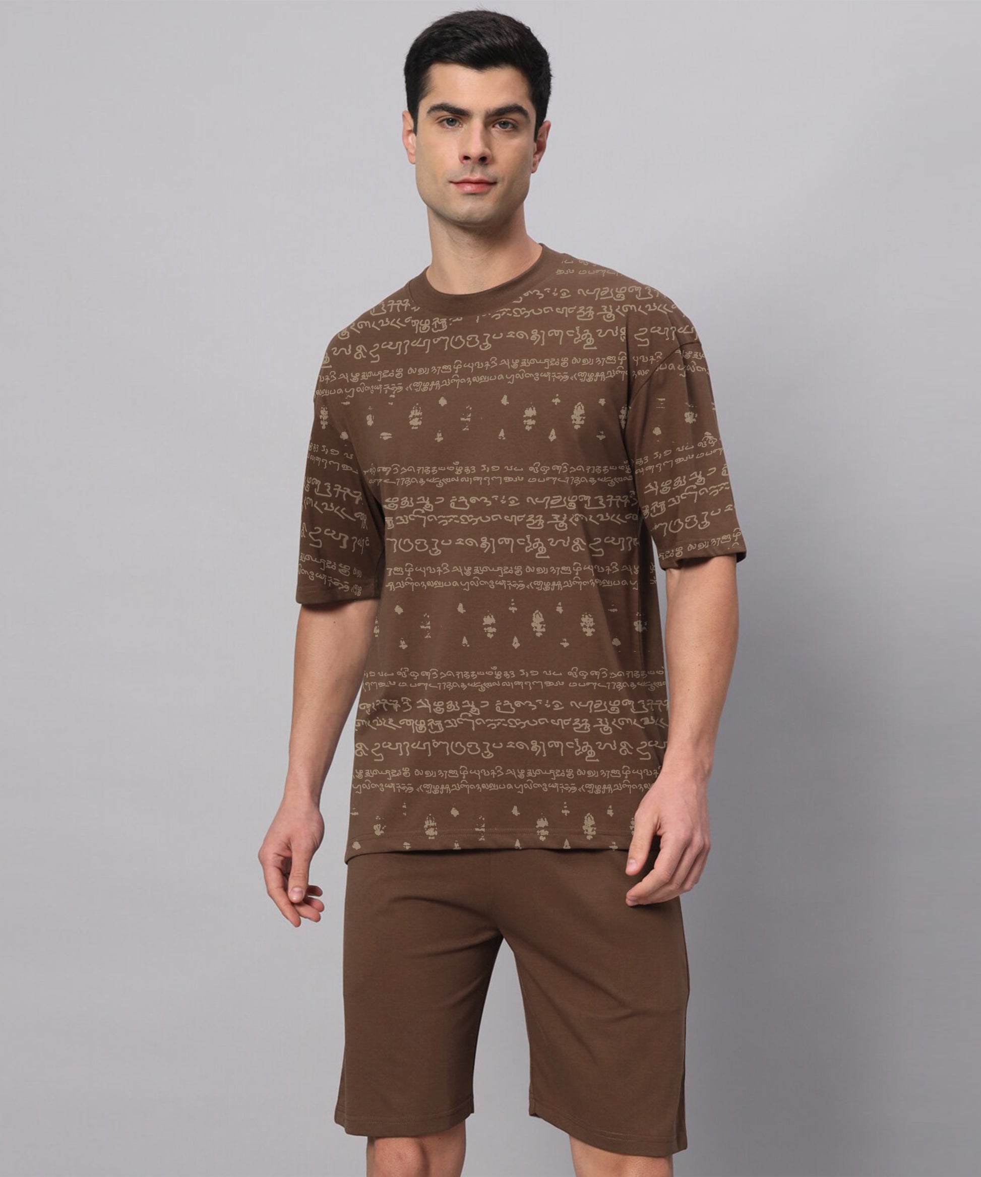 Kalvettu Themed Oversized Tamil Tshirt Coord Set - Brown