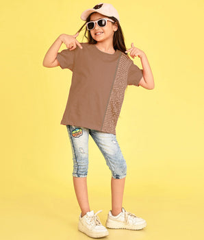 Aathichudi Printed Girls Oversized  Tamil Tshirt- Brown