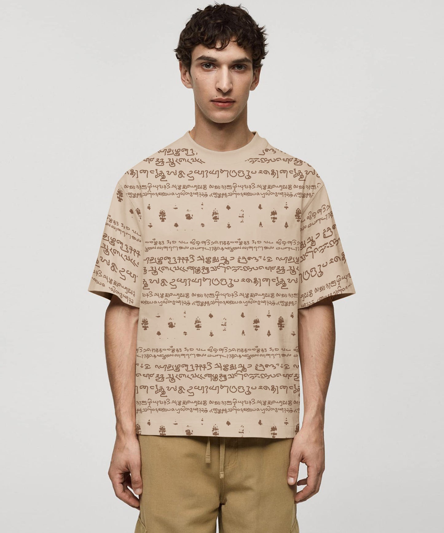 Kalvettu Themed Oversized Tamil Tshirt -Beige Brown