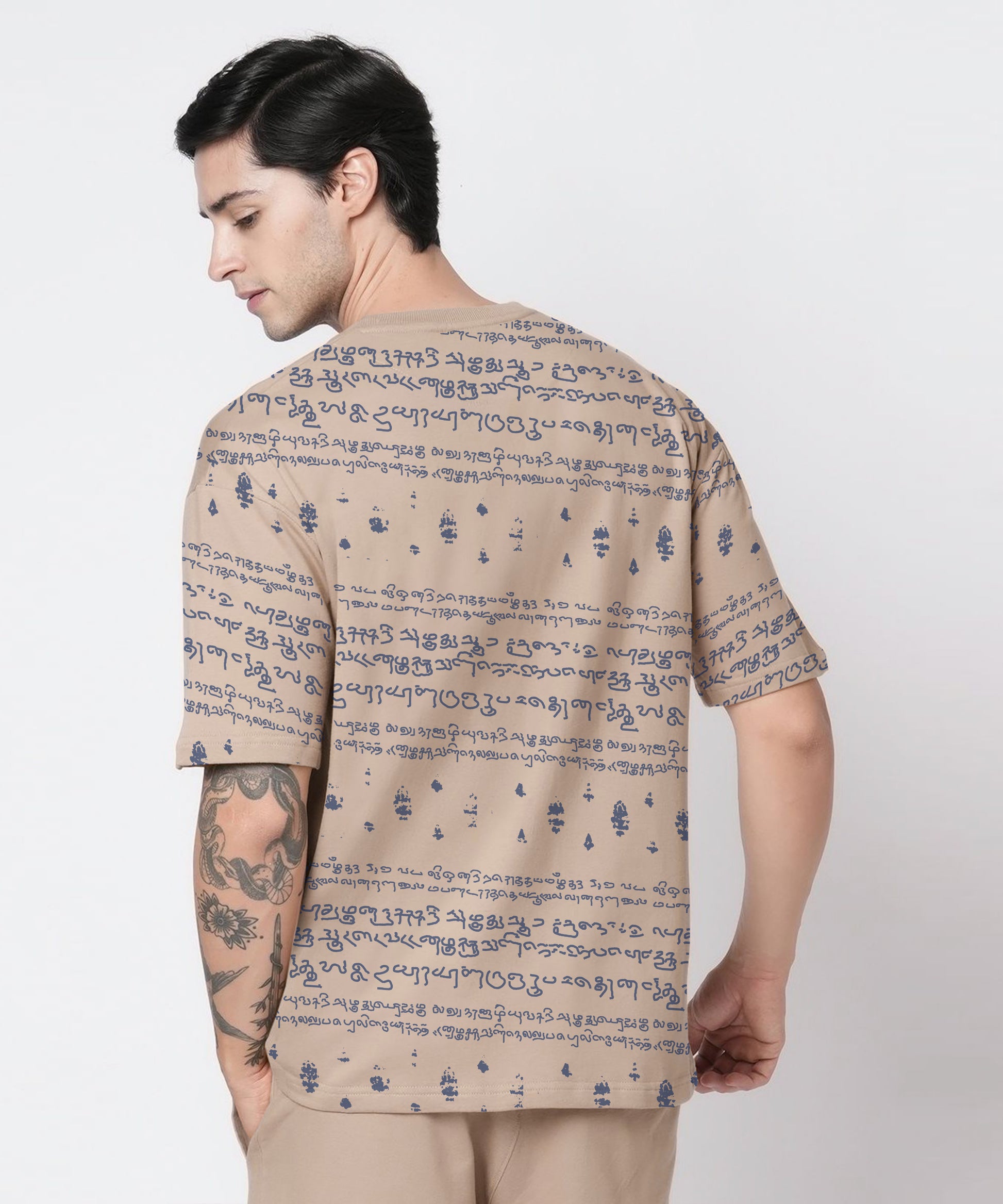 KalvettuThemed Oversized Tamil Tshirt Coord Set-Beige Blue