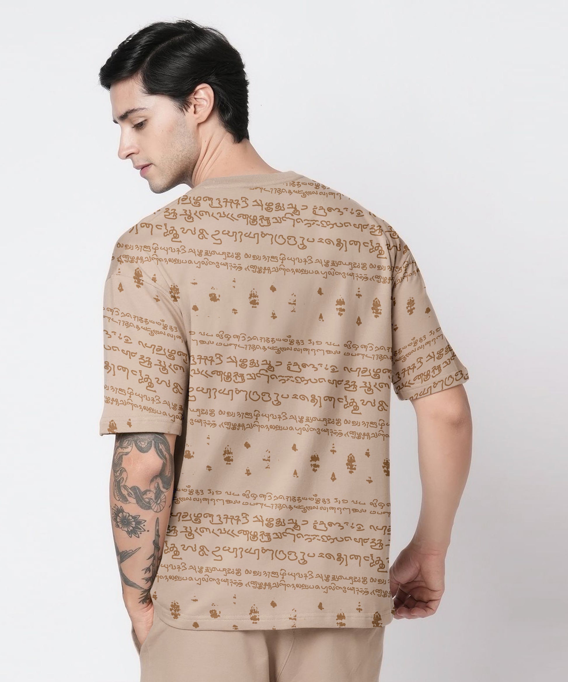 Kalvettu Themed Oversized Tamil Tshirt Coord Set -Beige