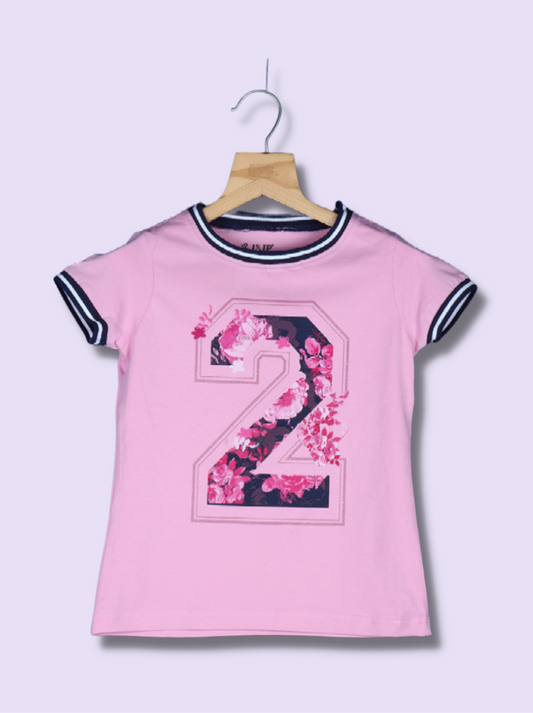 Kids Pink Half sleeve Floral Print cotton spandex knit T-Shirt