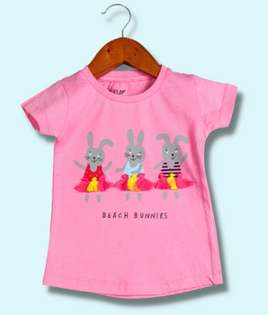 Kids Pink Short Sleeve Cartoon, Printed Cotton jersey knit T-Shirt