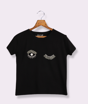 Women Black Half sleeve Embroidered Cotton  T-Shirt