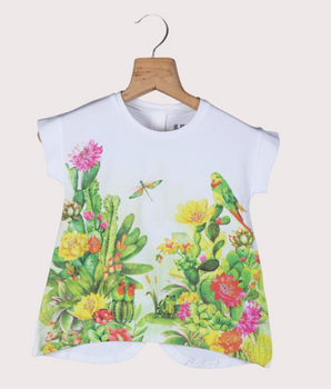 Kids White Cap sleeve, Half sleeve, Short Sleeve Floral Print, Printed Cotton jersey knit, Single Jersey T-Shirt