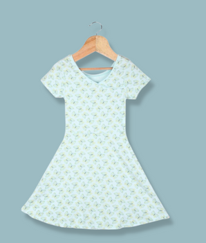 Kids  Blue Half sleeve Cartoon, Printed cotton spandex knit Dress