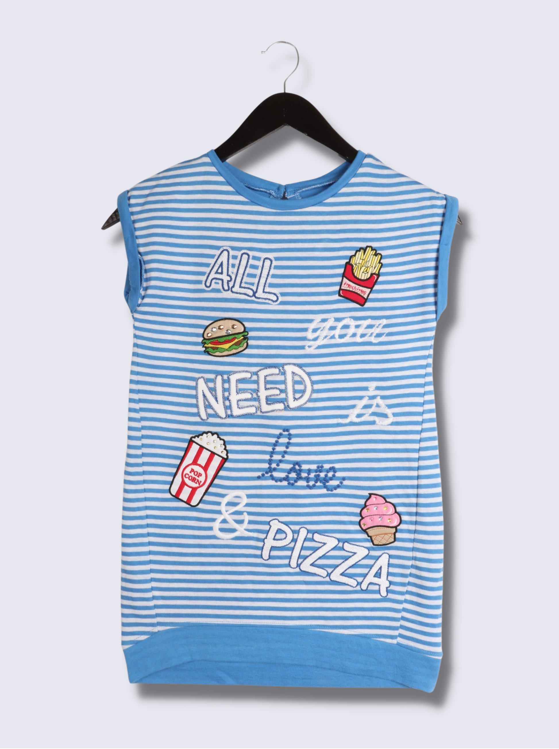 Kids Blue Sleeveless Applique, Embroidered Interlock Knit T-Shirt