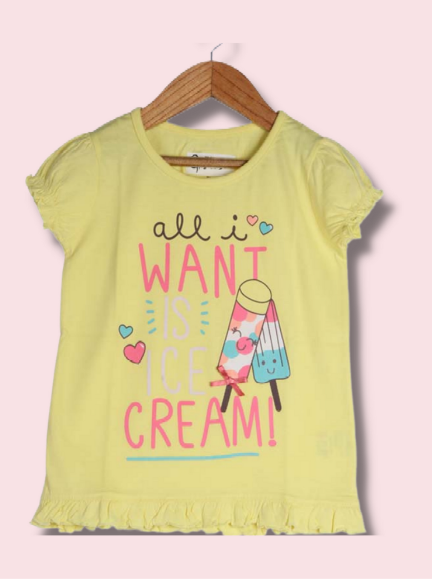 Kids Yellow Puff Sleeve Printed Interlock Knit T-Shirt