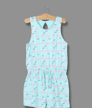 Kids  Blue Shoulder Strap Animal Print, Cartoon, Printed Cotton jersey knit Dress