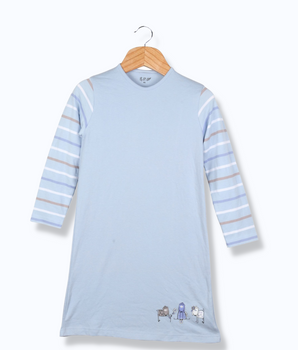 Kids  Blue Full sleeve Horizontal Stripes, Solid Cotton Elasthane Dress