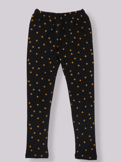 Kids Girls Black Glitter Printed Lycra Denim Fleece Leggings