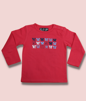 Kids Red Full sleeve Animal Print, Floral Print, Cotton jersey knit, Single Jersey T-Shirt