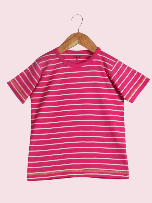 Kids Red Half sleeve Striped Single Jersey T-Shirt