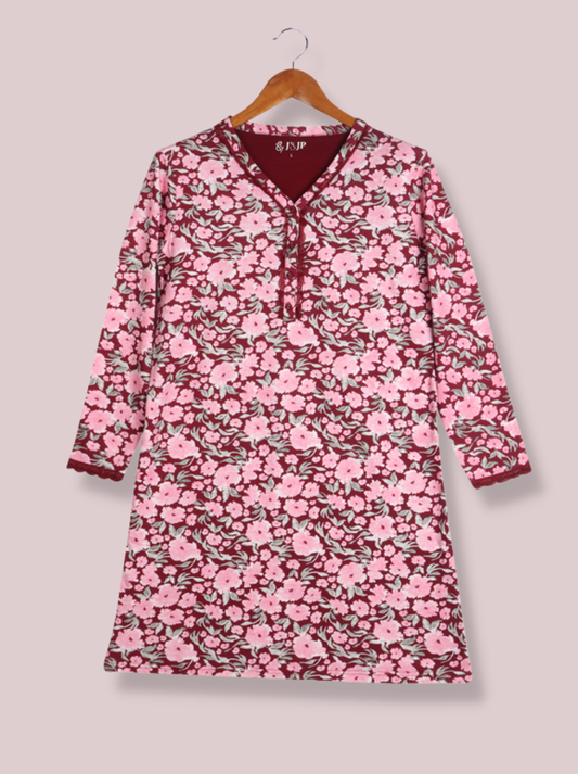 Women Maroon, Red Full sleeve Floral Print Cotton T-Shirt