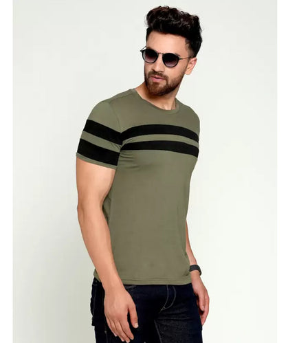 J&JP Men Striped Round Neck Cotton T-shirt - Olive Green