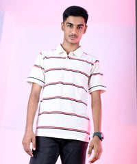 Men Cream Yarn Dyed Striped Pique Polo Tshirt