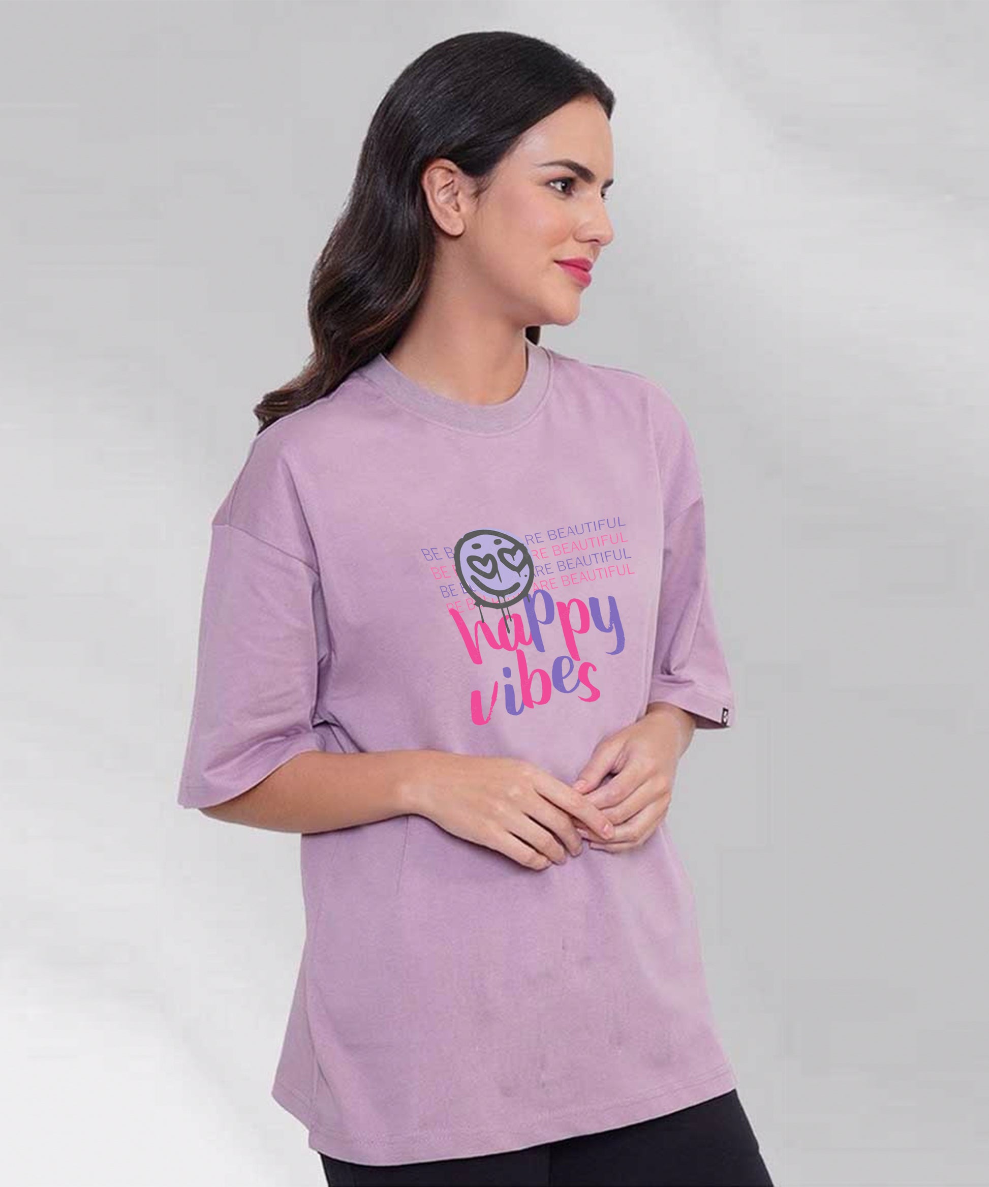 Women Oversized happy vibes printed Tshirt -Violet