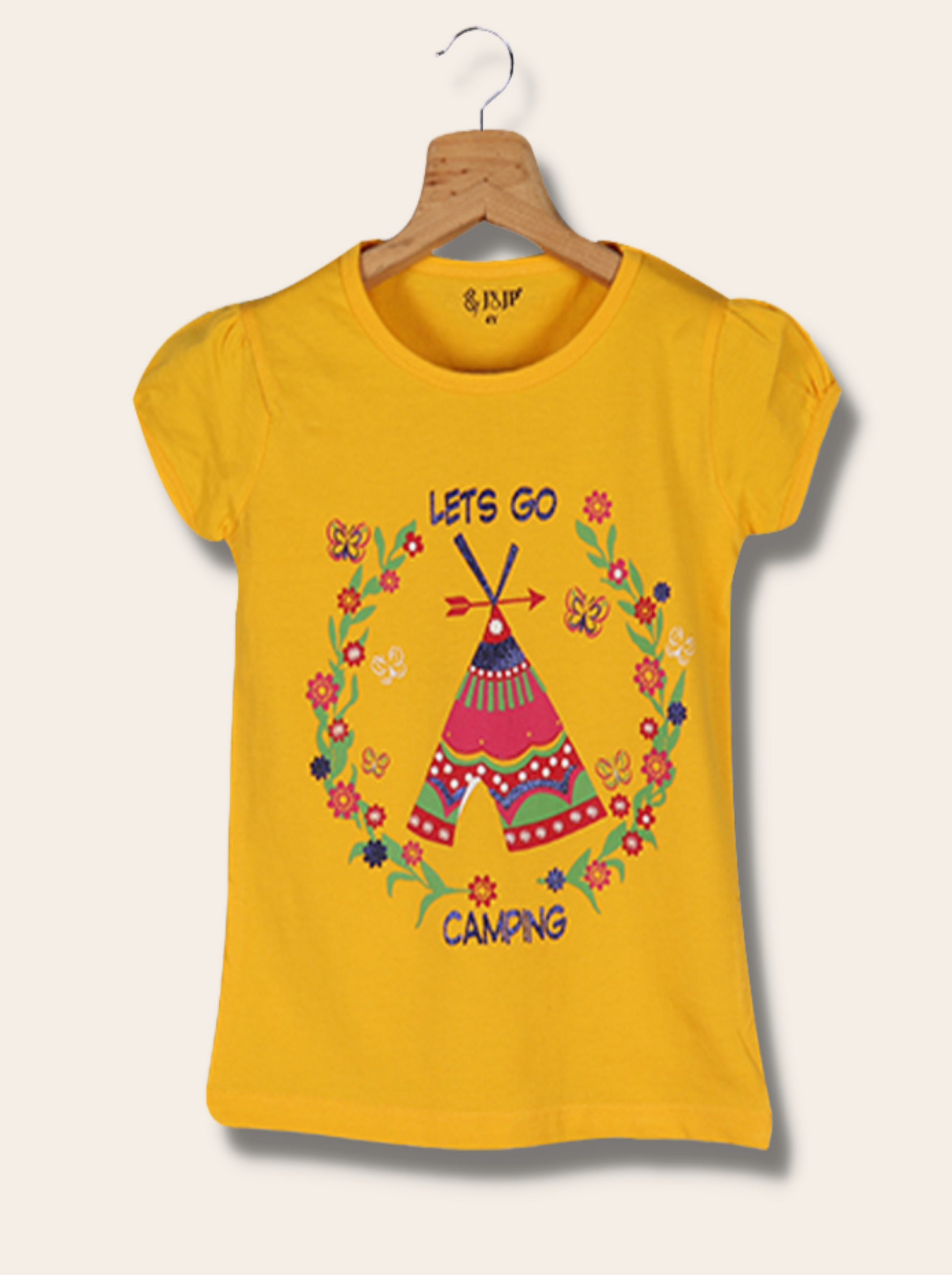 Kids Yellow Puff Sleeve Printed Single Jersey T-Shirt