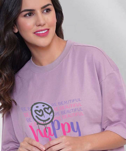 Women Oversized happy vibes printed Tshirt -Violet