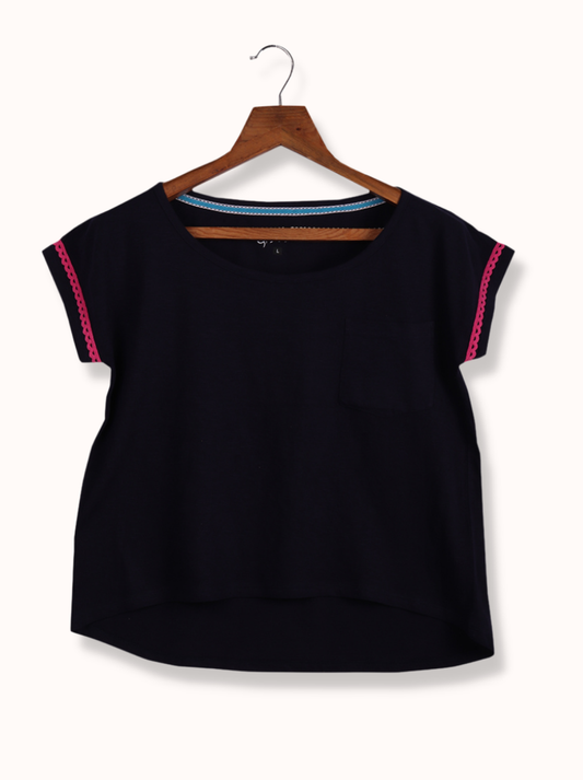 Women Navy Blue Half sleeve Horizontal Stripes Cotton T-Shirt