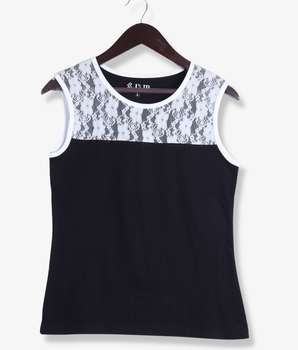 Women Black Sleeveless Lace, Solid Cotton  T-Shirt