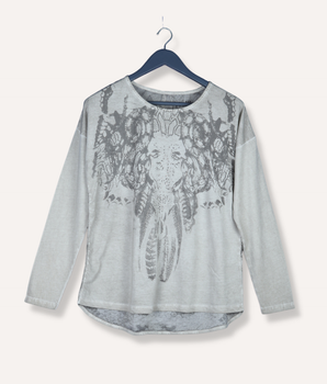 Women Grey Full sleeve Dyed, Printed Cotton Dyed, Viscose T-Shirt