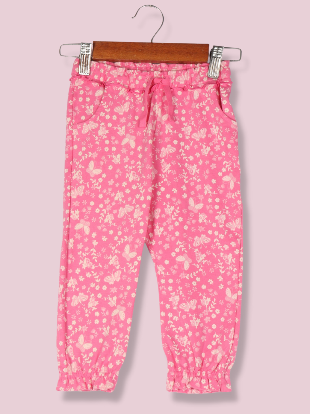 Kids Pink Cotton Elasthane Printed, Solid Pant