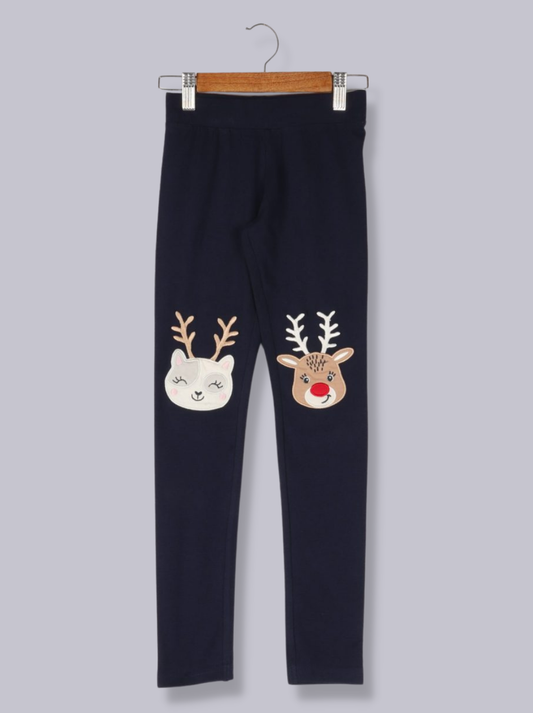 Kids Navy Cotton Lycra Applique Pant