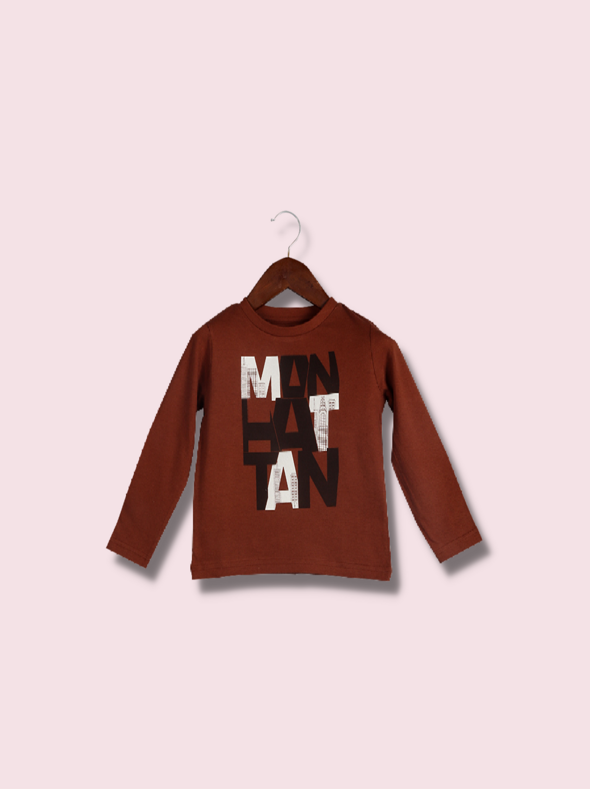 Kids Brown Full sleeve Printed Cotton jersey knit T-Shirt