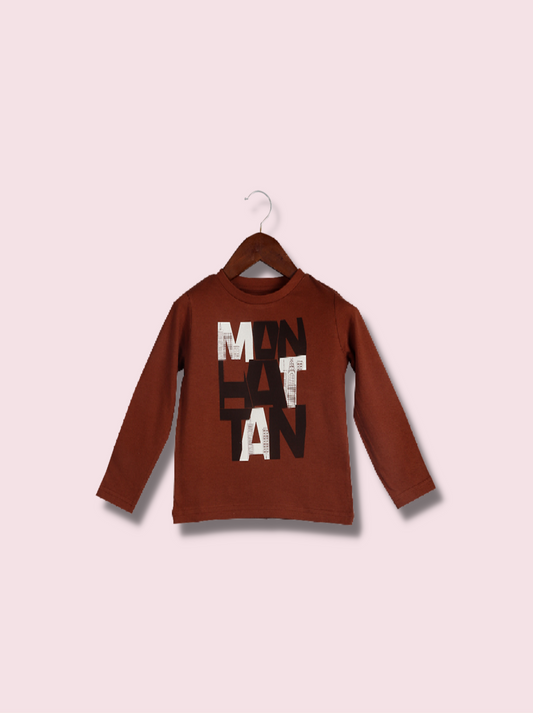 Kids Brown Full sleeve Printed Cotton jersey knit T-Shirt