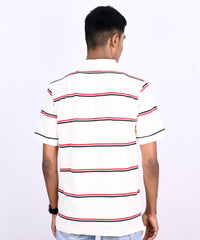 Men Cream Yarn Dyed Striped Pique Polo Tshirt