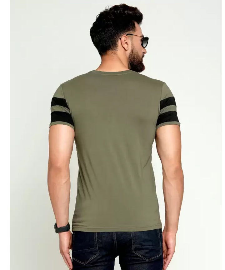 J&JP Men Striped Round Neck Cotton T-shirt - Olive Green