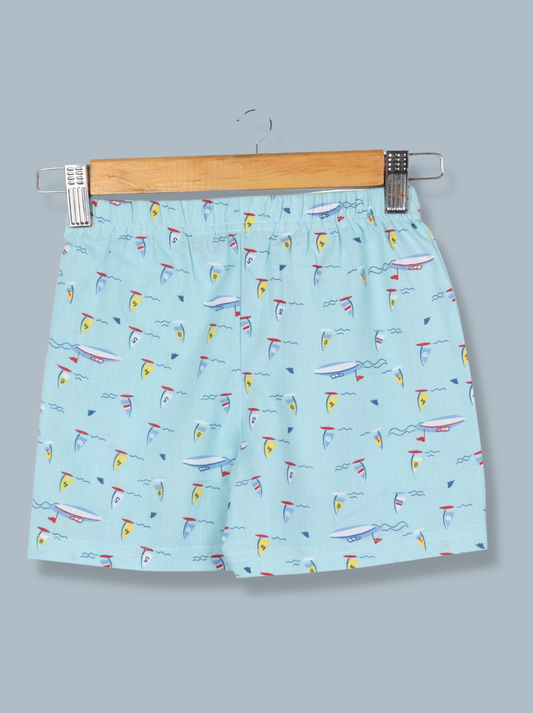 Kids Blue Woven Cotton Animal Print Shorts