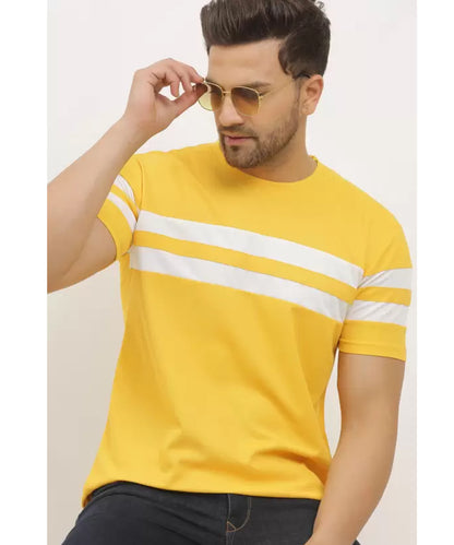 J&JP Men Striped Round Neck Cotton Navy Blue T-Shirt Yellow