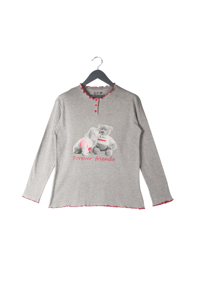 Women Grey Full sleeve Cartoon Melange Loopknit T-Shirt