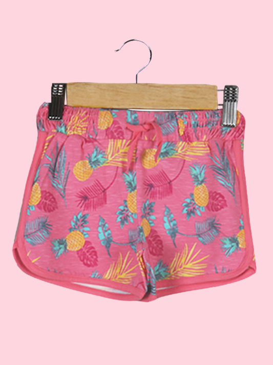 Kids Pink Cotton slub jersey Floral Print Shorts