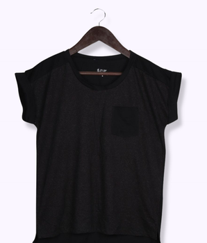 Women Black Short Sleeve Solid Cotton slub jersey T-Shirt