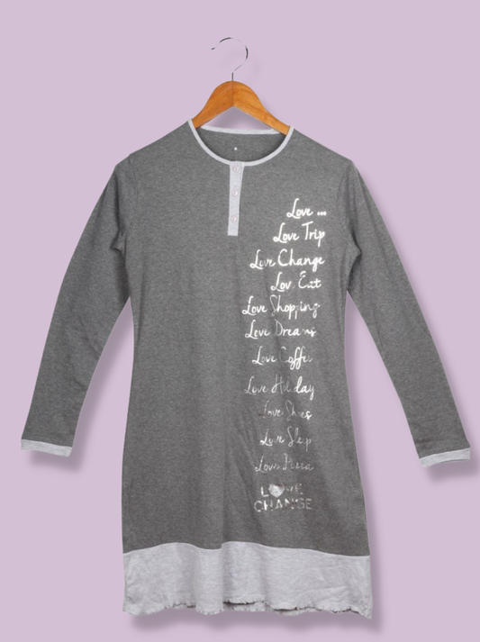 Women Grey Full sleeve Printed Interlock Knit Long T-Shirt