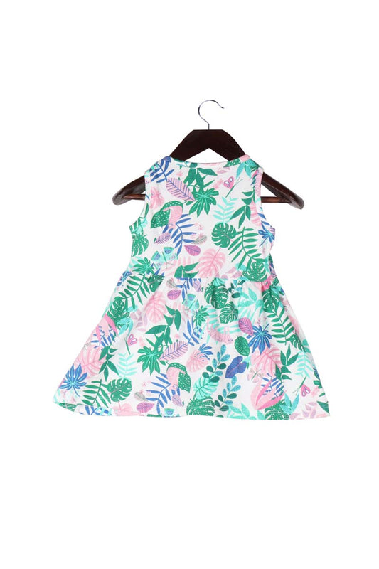 Babies Round Neck Floral Print Green, White Dress