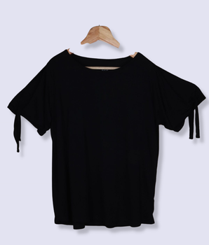 Women Black Butterfly sleeve, Flutter sleeve Solid Viscose T-Shirt