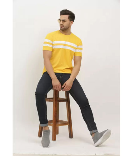 J&JP Men Striped Round Neck Cotton T-shirt - Yellow