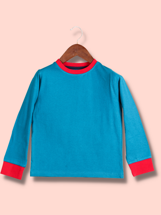 Kids Blue Full sleeve Solid Cotton jersey knit T-Shirt