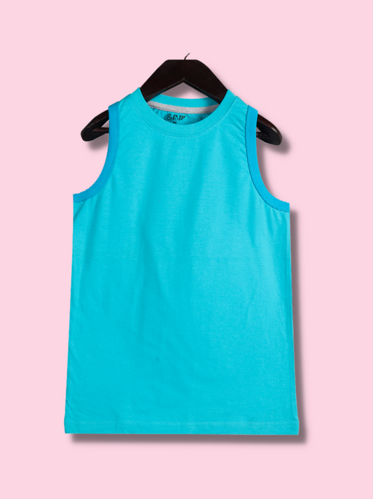 Kids Blue Sleeveless Solid Cotton jersey knit T-Shirt