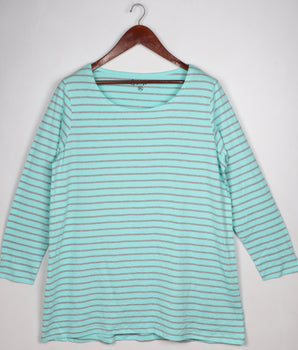 Women Blue Full sleeve Horizontal Stripes Cotton jersey knit, Interlock yarndyed T-Shirt